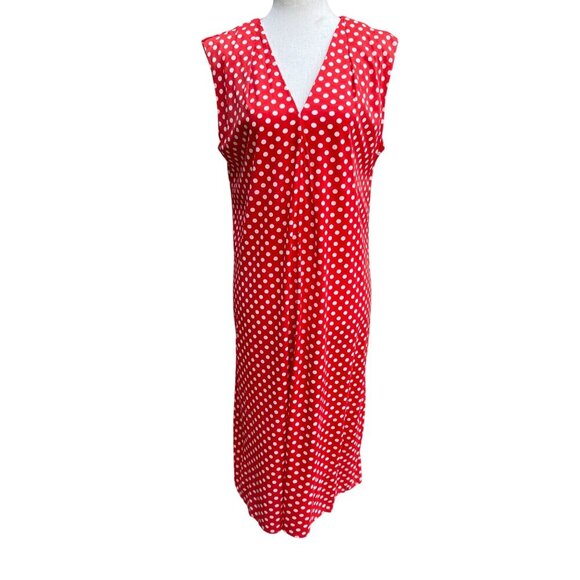 Vintage Womens Red & White Polka Dot V Neck Tie Waist Sleeveless Midi Dress - Picture 7 of 11